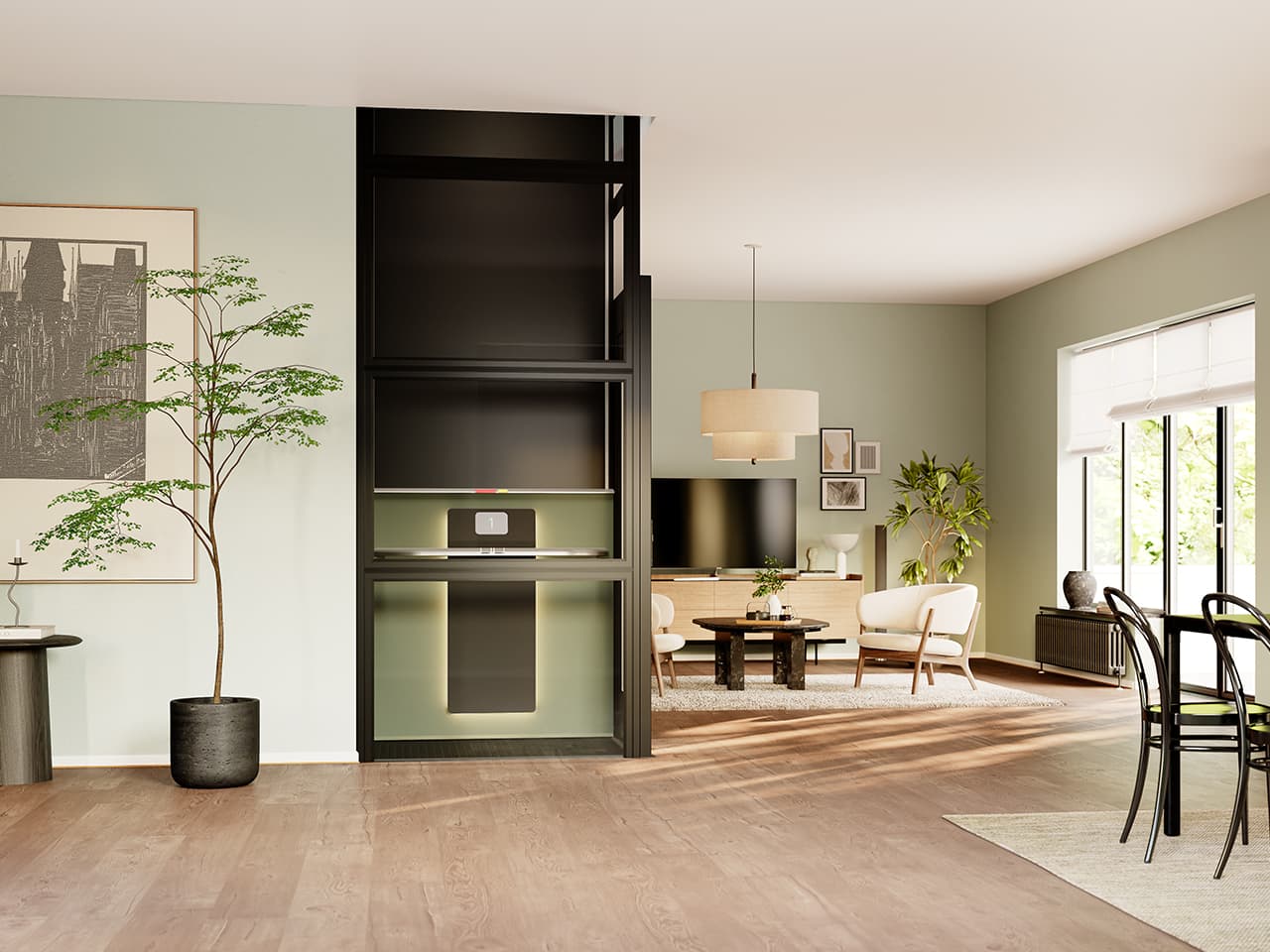 Open plan living room and diner with mint green walls, wood floors, large windows, modern furniture and art, featuring a Kalea Atmos home lift in black and sage green at the centre.