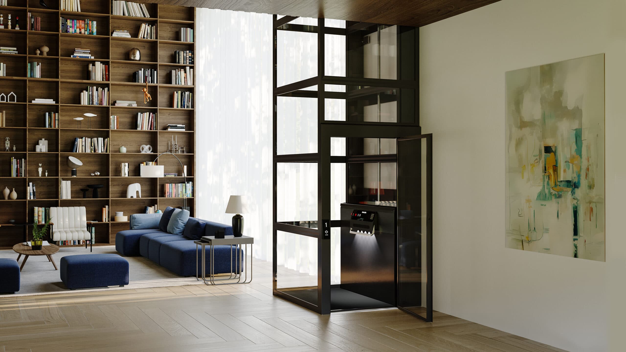Black Kalea Kosmos X90 platform lift in Scandinavian style living room with a blue sofa and book case wall in dark wood.