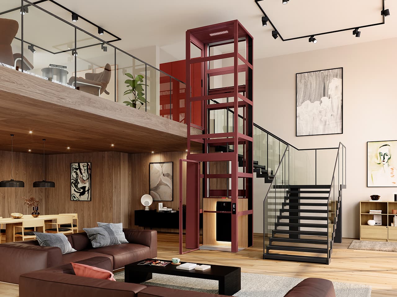 Loft apartment with cream walls, wood floors and wood paneling, featuring a red Kalea Atmos platform lift with glass shaft, modern furniture and contemporary artwork.