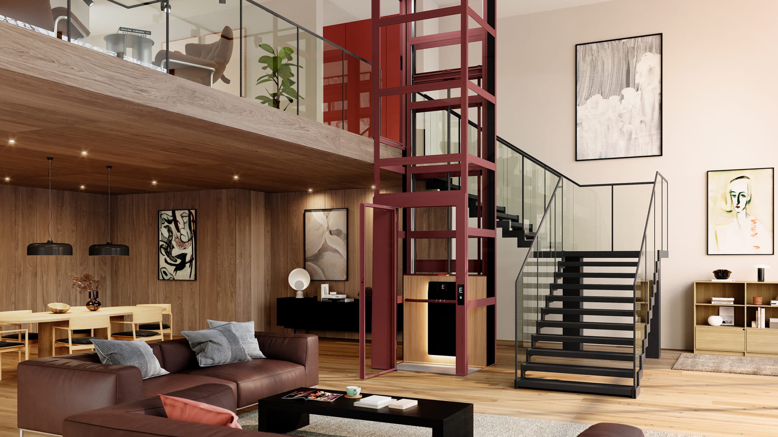 Dark red Kalea Atmos home lift with platform back panel in wood, black platform front panel and glass shaft installed in a spacious loft apartment with cream white walls and wooden flooring, decorated with modern furniture and contemporary art.